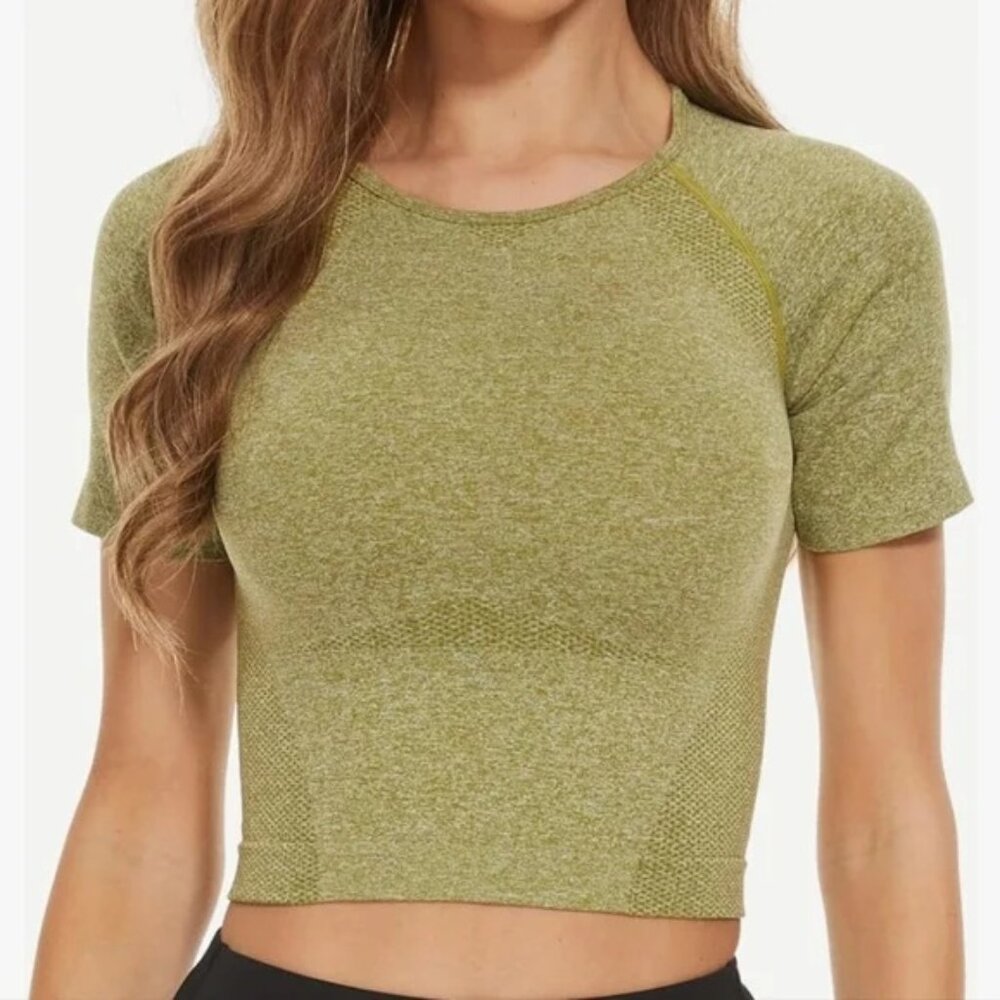 Women's Seamless Short Sleeve Workout Yoga Crop Top – Army Green XL